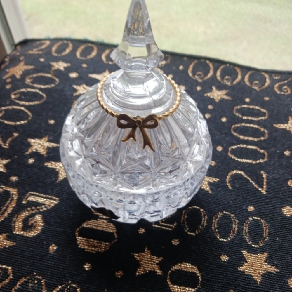 Crystal Trinket Box with Gold Bow Accent Vintage Lead Crystal  Dish